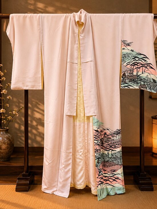Other - Vintage Japanese Kimono Pale Pink Landscape Robe 1940s 1950s Family Collection